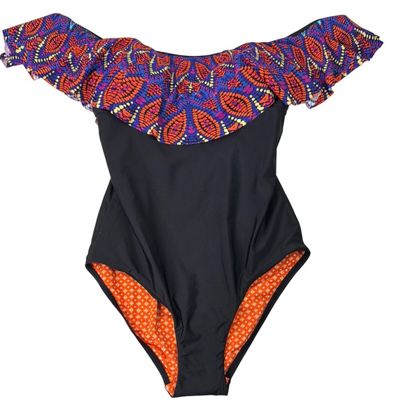 MoonTide Black and Purple One Piece Swimsuit with Ruffled Collar - Picture 1 of 10